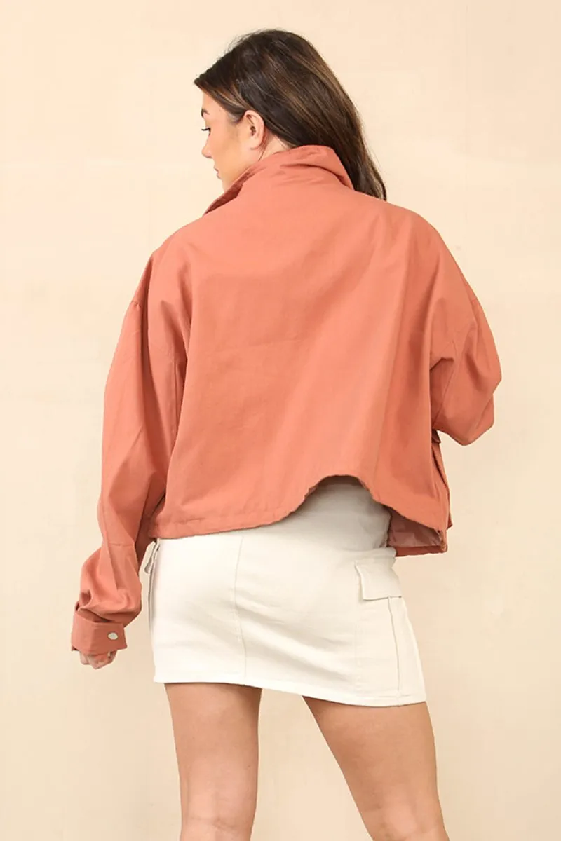 Vintage Street Stand Collar Flap Pocket Zip-Up Cropped Jacket