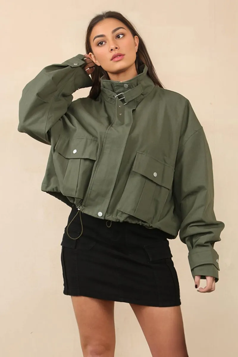 Vintage Street Stand Collar Flap Pocket Zip-Up Cropped Jacket