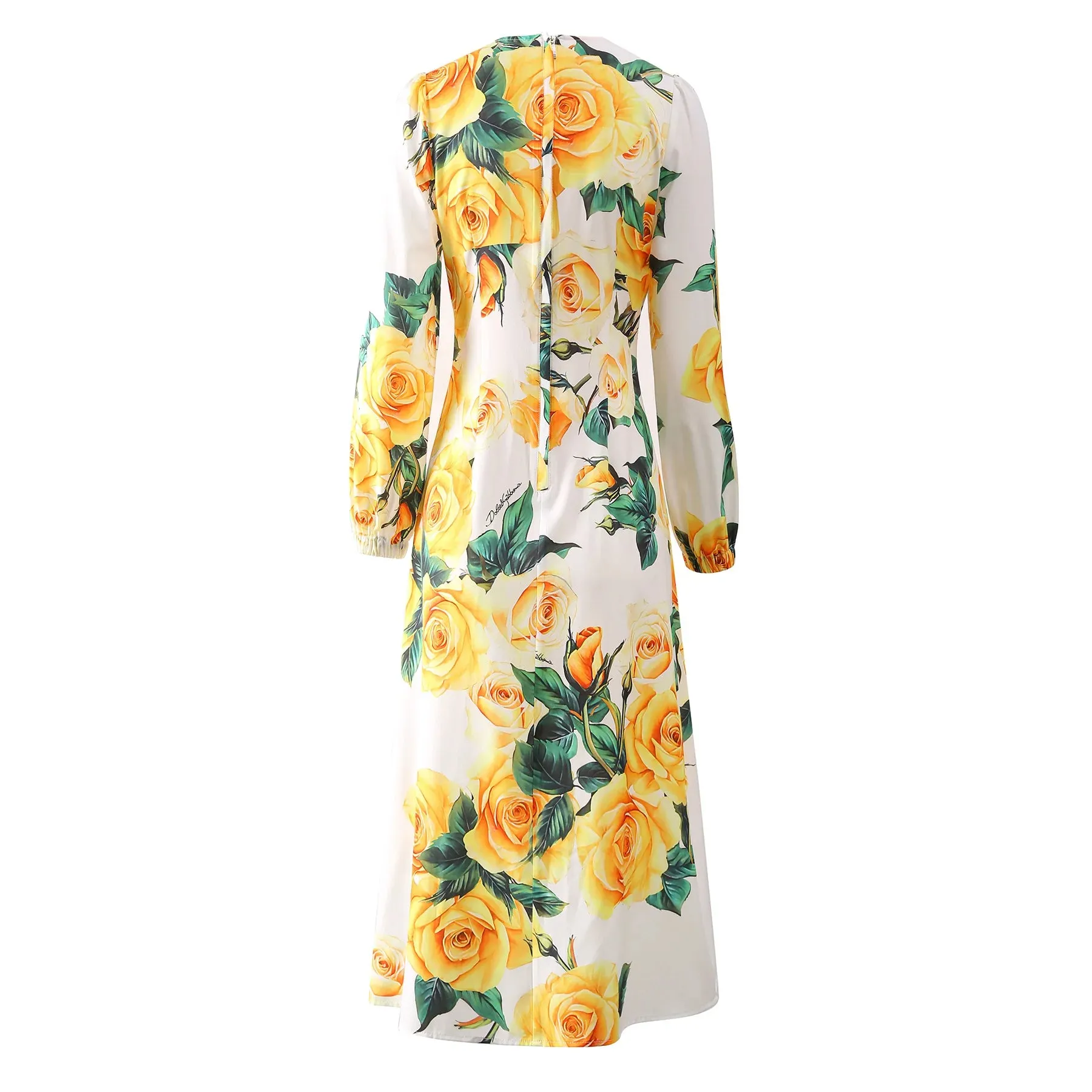 Yellow Rose Flower Print Elegant Dress