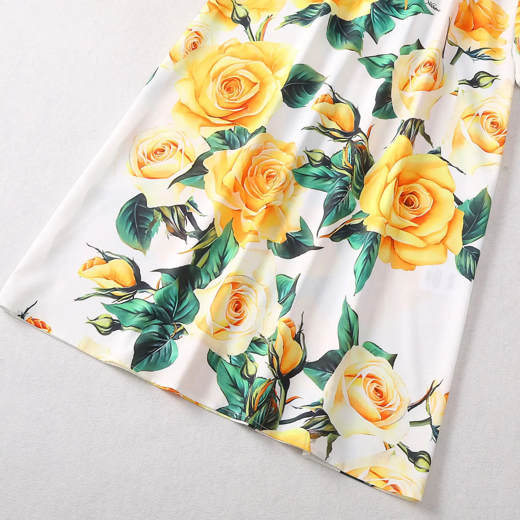 Yellow Rose Flower Print Elegant Dress