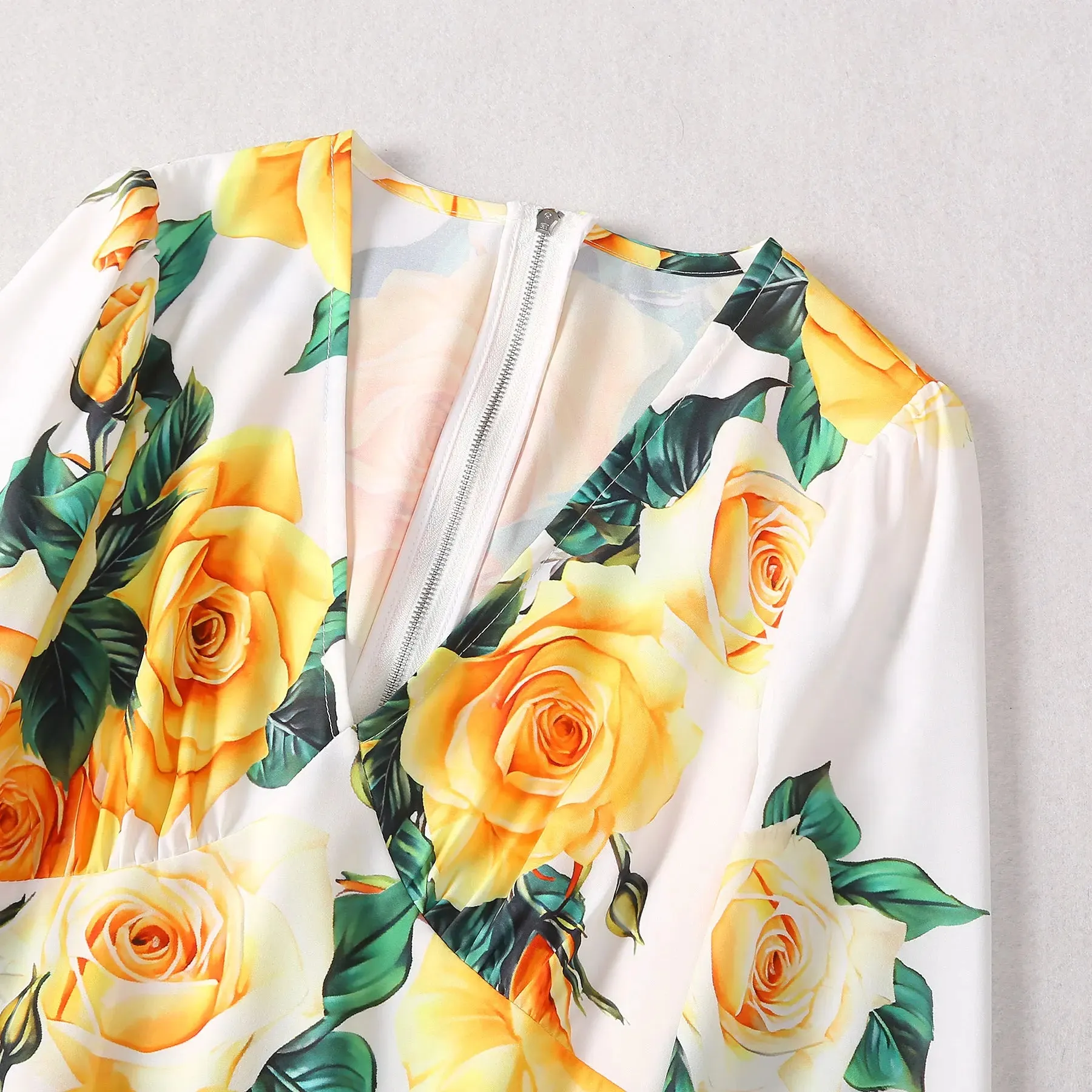 Yellow Rose Flower Print Elegant Dress